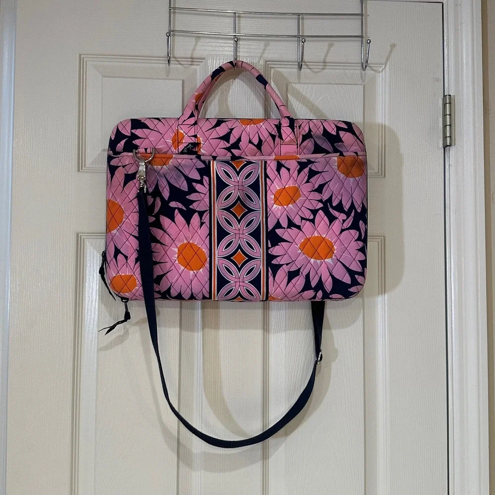 Vera Bradley Provencal Quilted Laptop Bag Pink Navy Sunflower Messenger Case